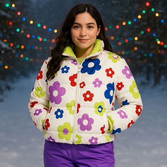 Wild Fable Women's Colorful Flower Puffer Jacket Coat Sz Large Winter Warm Cozy - Picture 1 of 9
